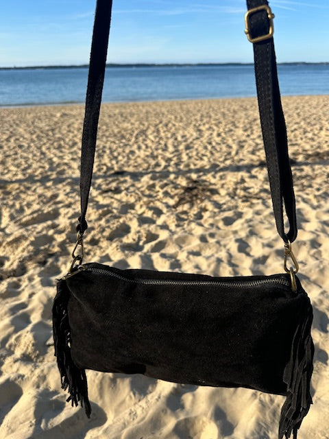 Sac Baguette frangé noir en cuir - Italie
