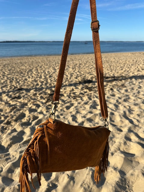 Sac Baguette frangé camel en cuir - Italie