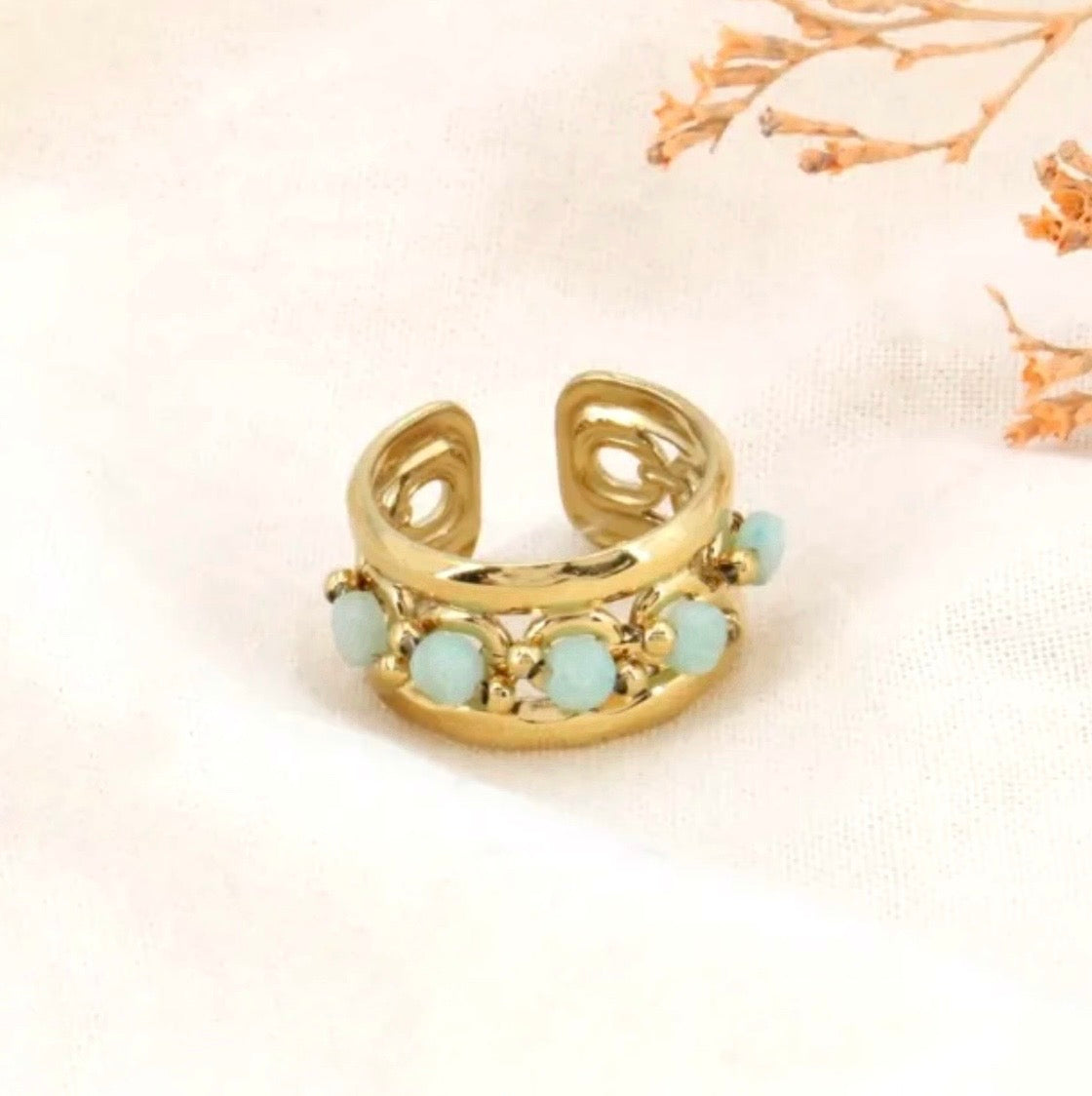 Bague dorée & pierres aqua
