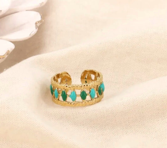 Bague dorée & pierres bleu-vert