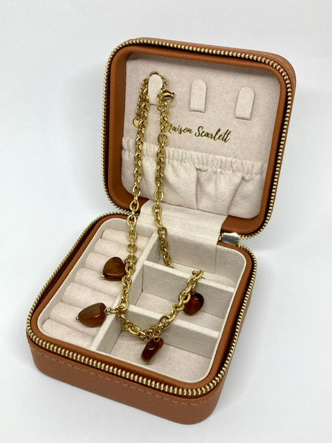 Boîte à bijoux de voyage - Cuir grainé camel