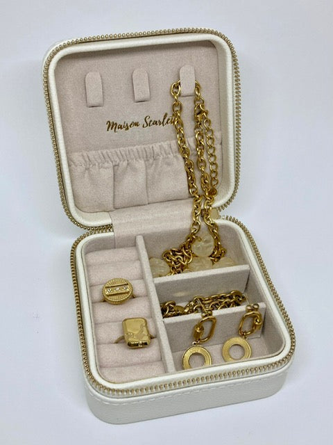 Boîte à bijoux de voyage - Cuir grainé crème