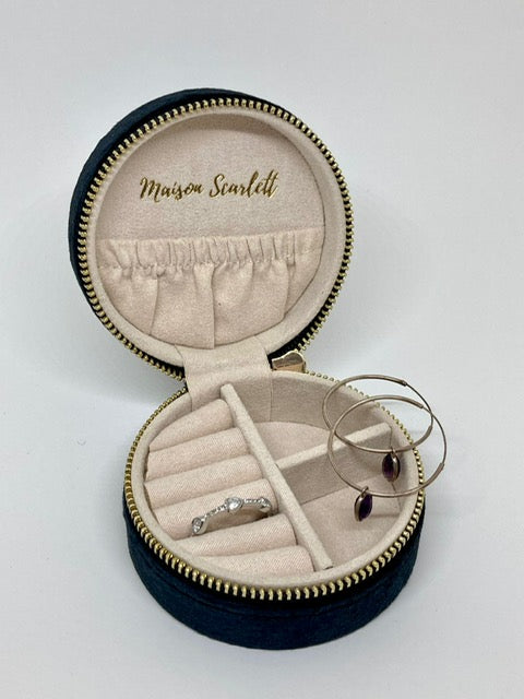 Boîte à bijoux de voyage en velours noir - Format rond compact