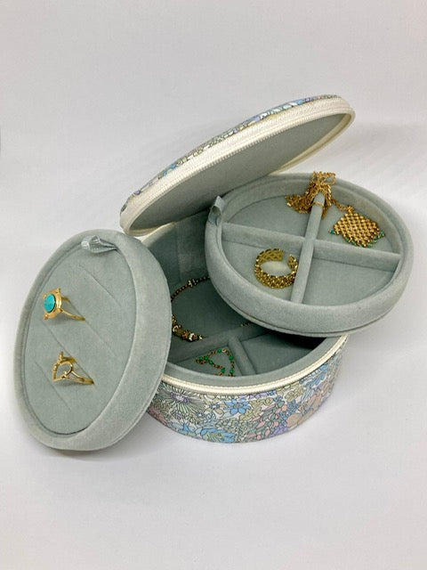 Boîte à bijoux ronde - Fleurs vertes en Liberty ®