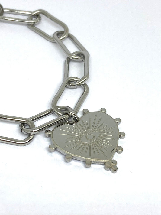 Bracelet argenté gros maillons & Coeur protecteur