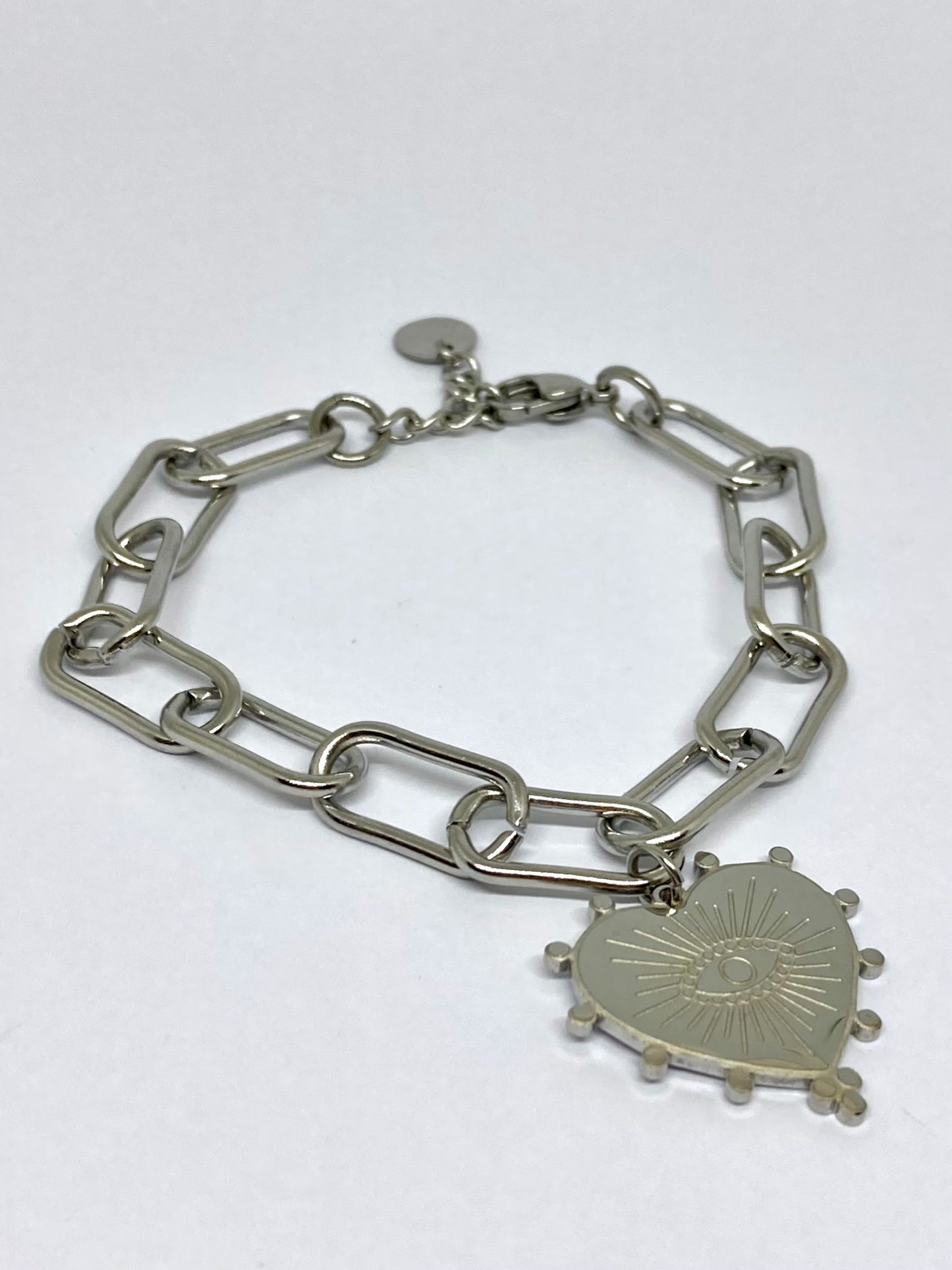 Bracelet argenté gros maillons & Coeur protecteur