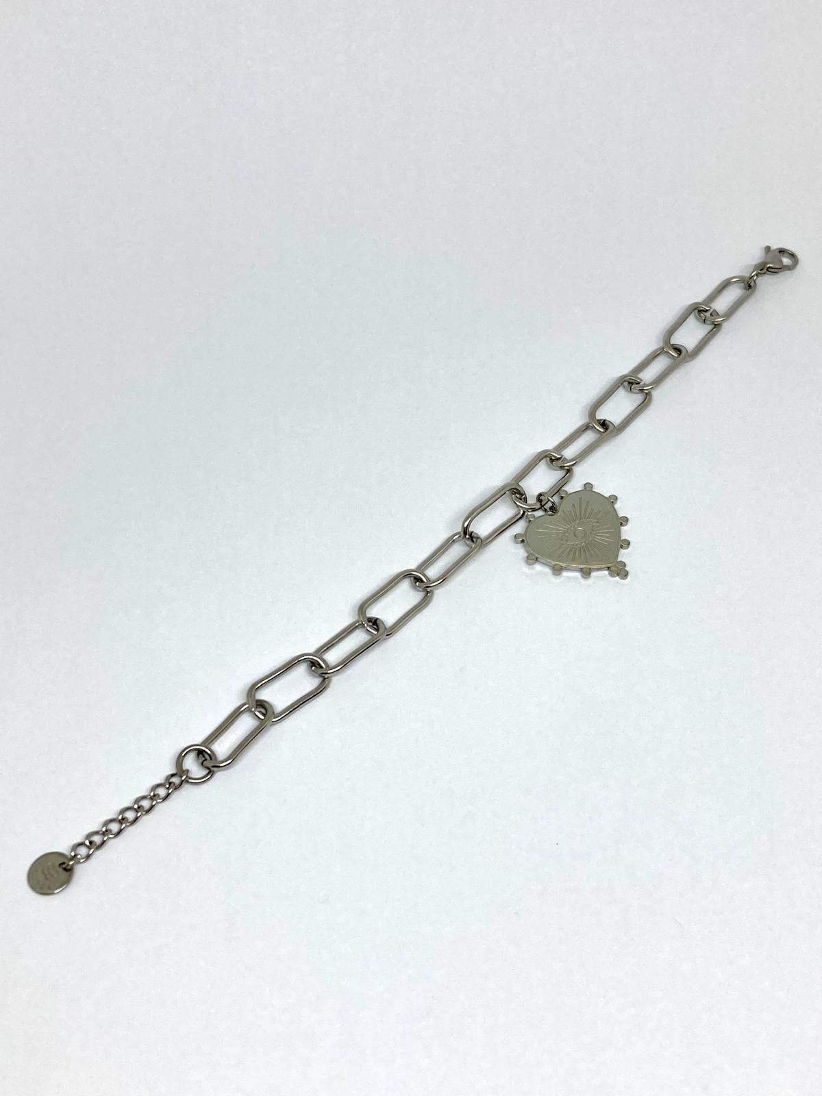 Bracelet argenté gros maillons & Coeur protecteur