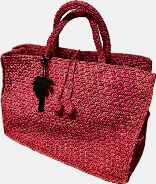Cabas rose en raphia avec pompons Madagascar - Limaïa