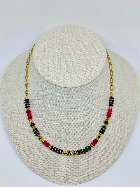 Collier en  Pierres Naturelles - Vert & Fuchsia