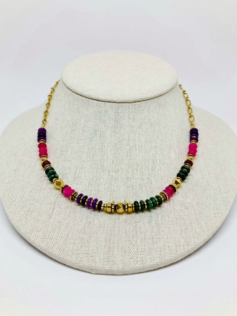 Collier en  Pierres Naturelles - Vert & Fuchsia
