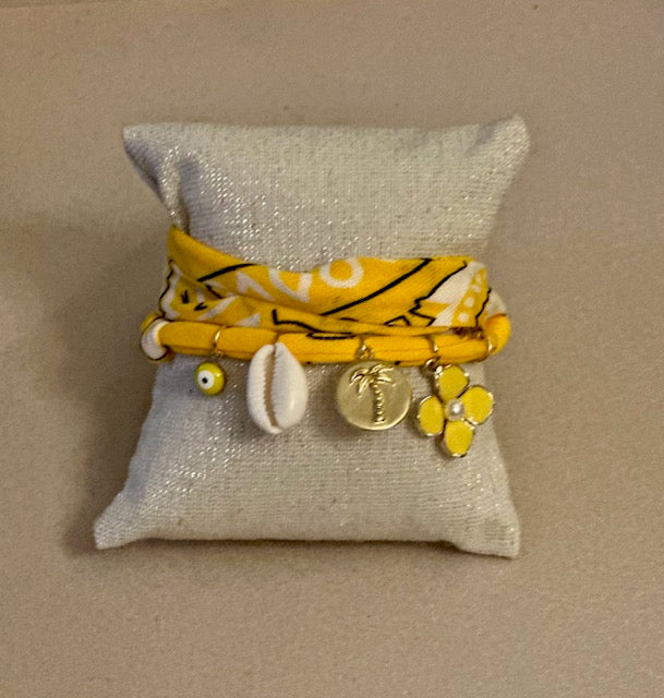 Collier/Manchette en Bandana jaune coquillage & médaillon palmier - Badhnati