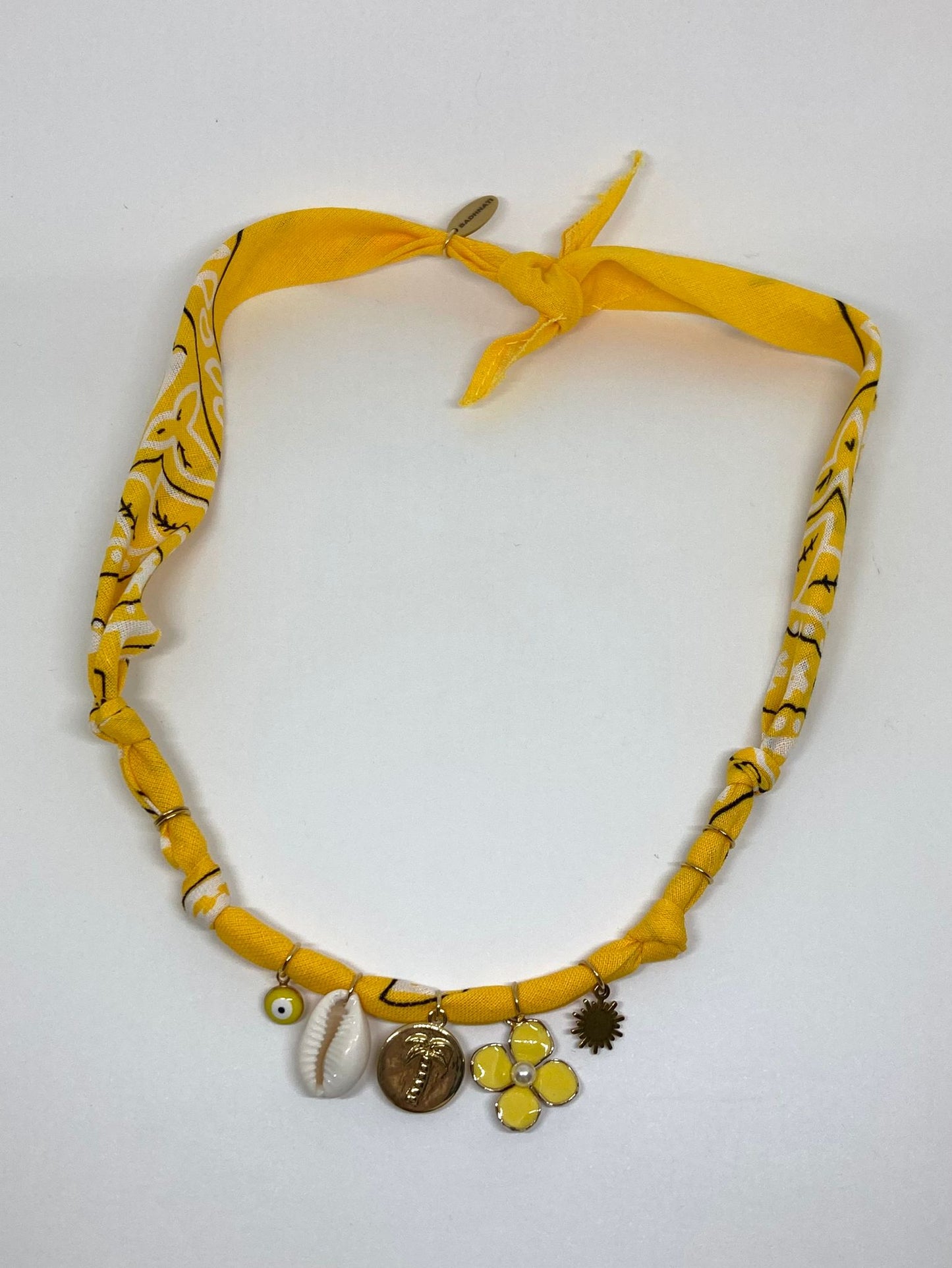 Collier/Manchette en Bandana jaune coquillage & médaillon palmier - Badhnati