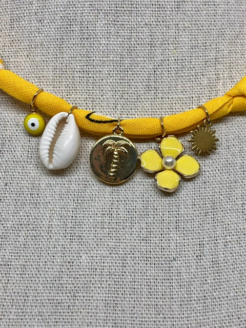 Collier/Manchette en Bandana jaune coquillage & médaillon palmier - Badhnati