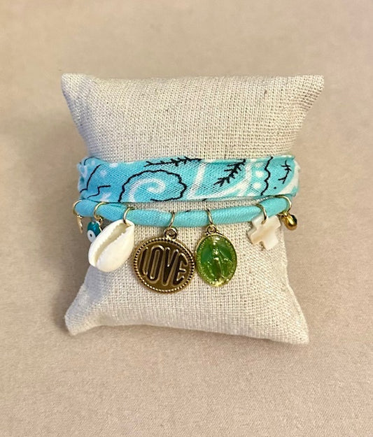 Collier/Manchette en Bandana turquoise coquillage & médaillon love - Badhnati