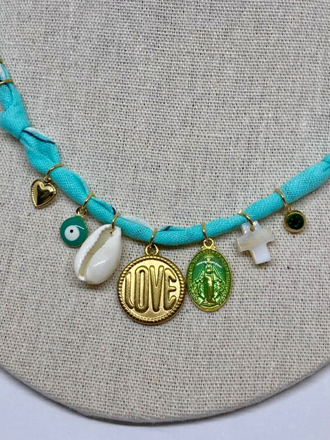 Collier/Manchette en Bandana turquoise coquillage & médaillon love - Badhnati