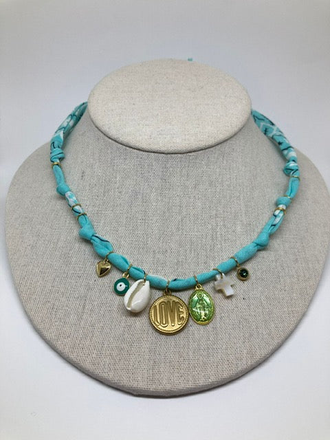 Collier/Manchette en Bandana turquoise coquillage & médaillon love - Badhnati