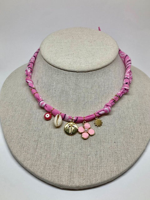 Collier/Manchette en Bandana rose coquillage & médaillon palmier - Badhnati