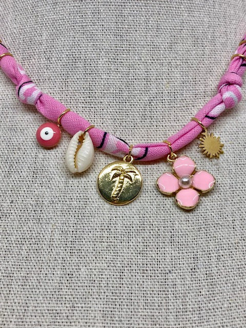 Collier/Manchette en Bandana rose coquillage & médaillon palmier - Badhnati