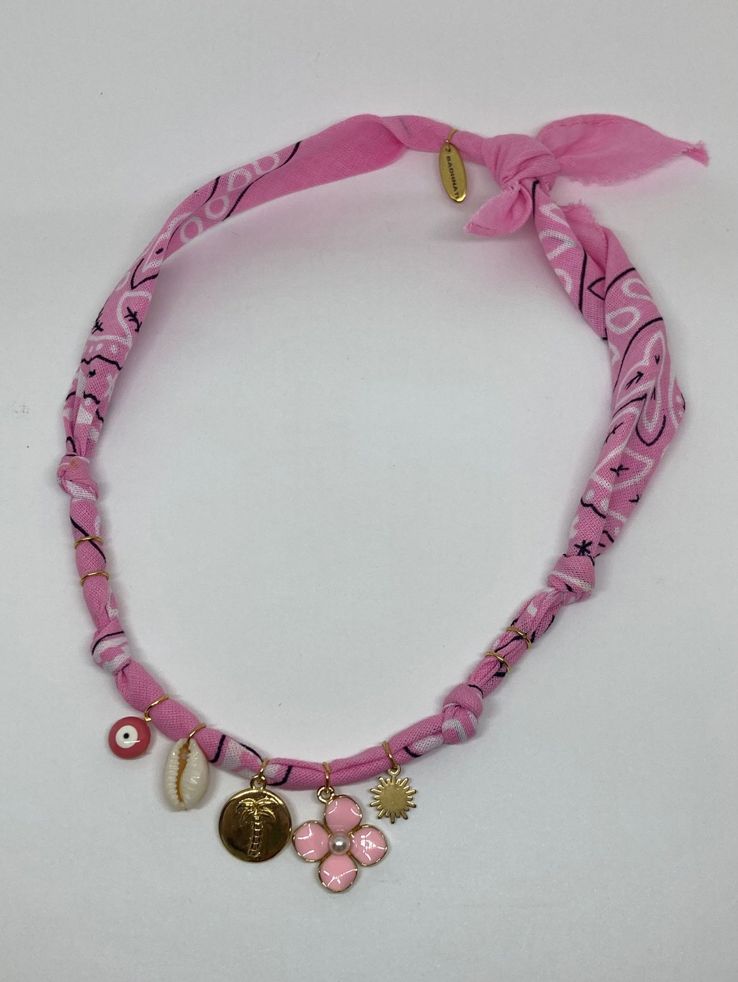 Collier/Manchette en Bandana rose coquillage & médaillon palmier - Badhnati