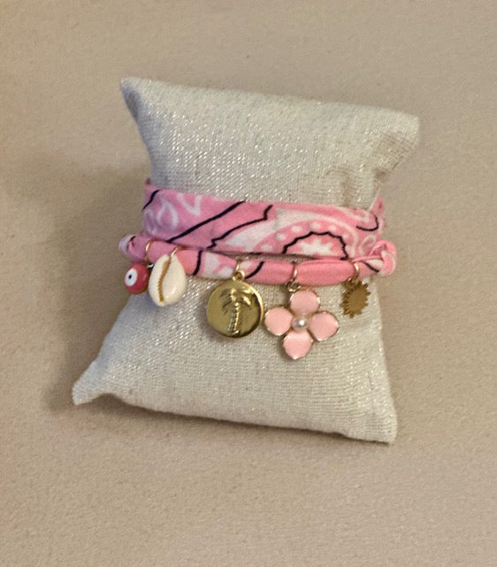 Collier/Manchette en Bandana rose coquillage & médaillon palmier - Badhnati