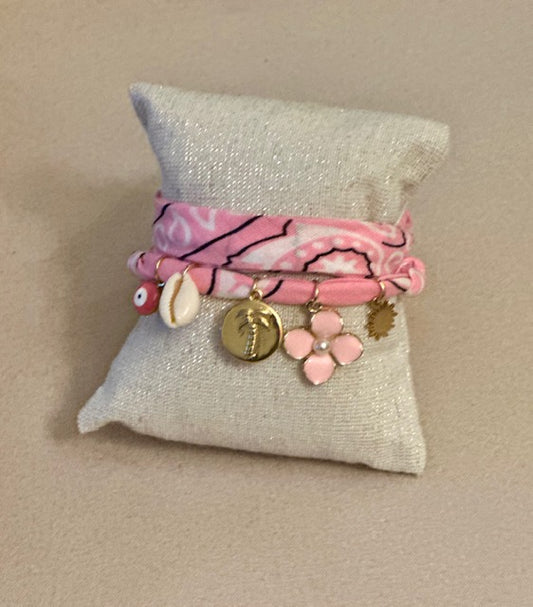 Collier/Manchette en Bandana rose coquillage & médaillon palmier - Badhnati