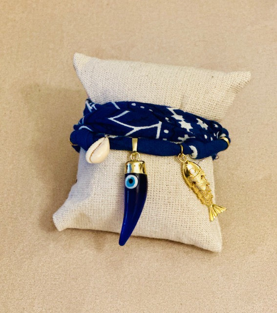 Collier/Manchette en bandana bleu marine coquillage & poisson - Badhnati