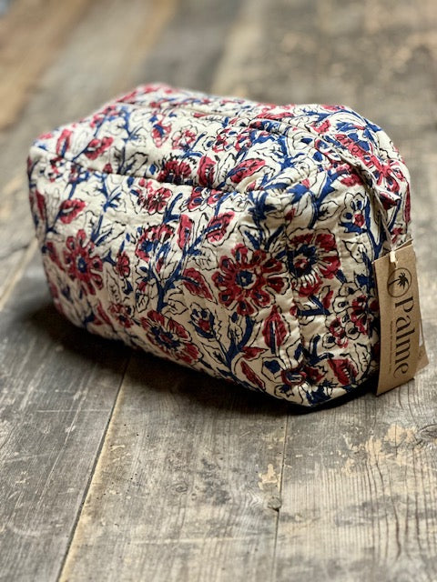 Pochette vanity bleu et bordeaux en block print - Inde