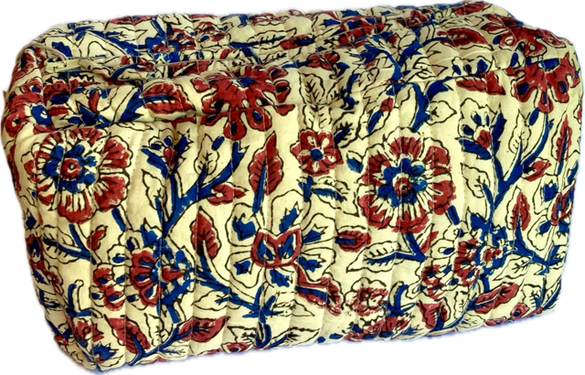 Pochette vanity bleu et bordeaux en block print - Inde