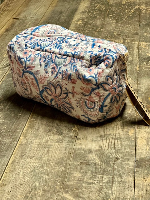Pochette vanity rose & bleue en block print - Inde