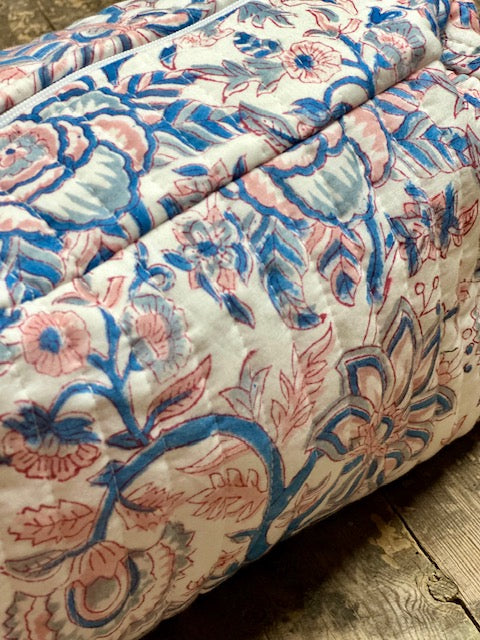Pochette vanity rose & bleue en block print - Inde