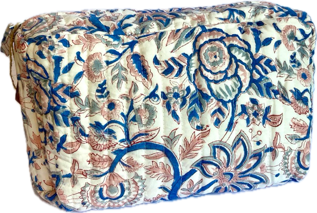 Pochette vanity rose & bleue en block print - Inde