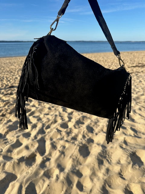 Sac Baguette frangé noir en cuir - Italie