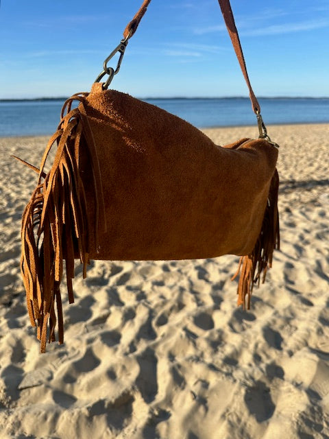 Sac Baguette frangé camel en cuir - Italie