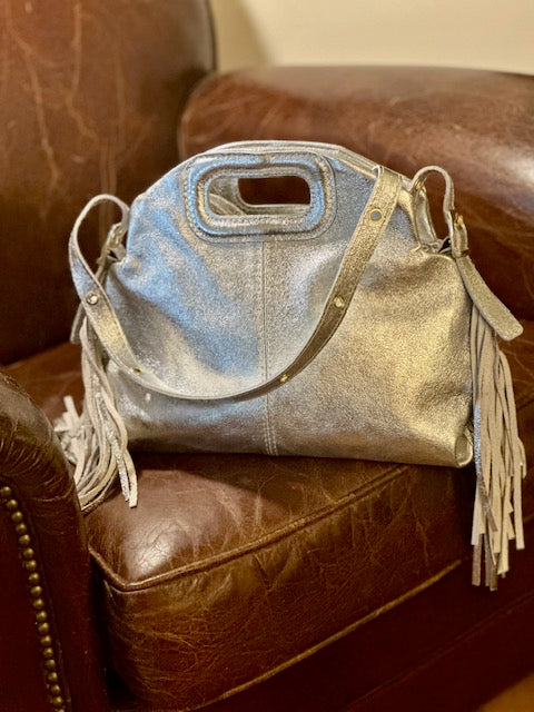 Sac frangé en cuir argenté - Italie