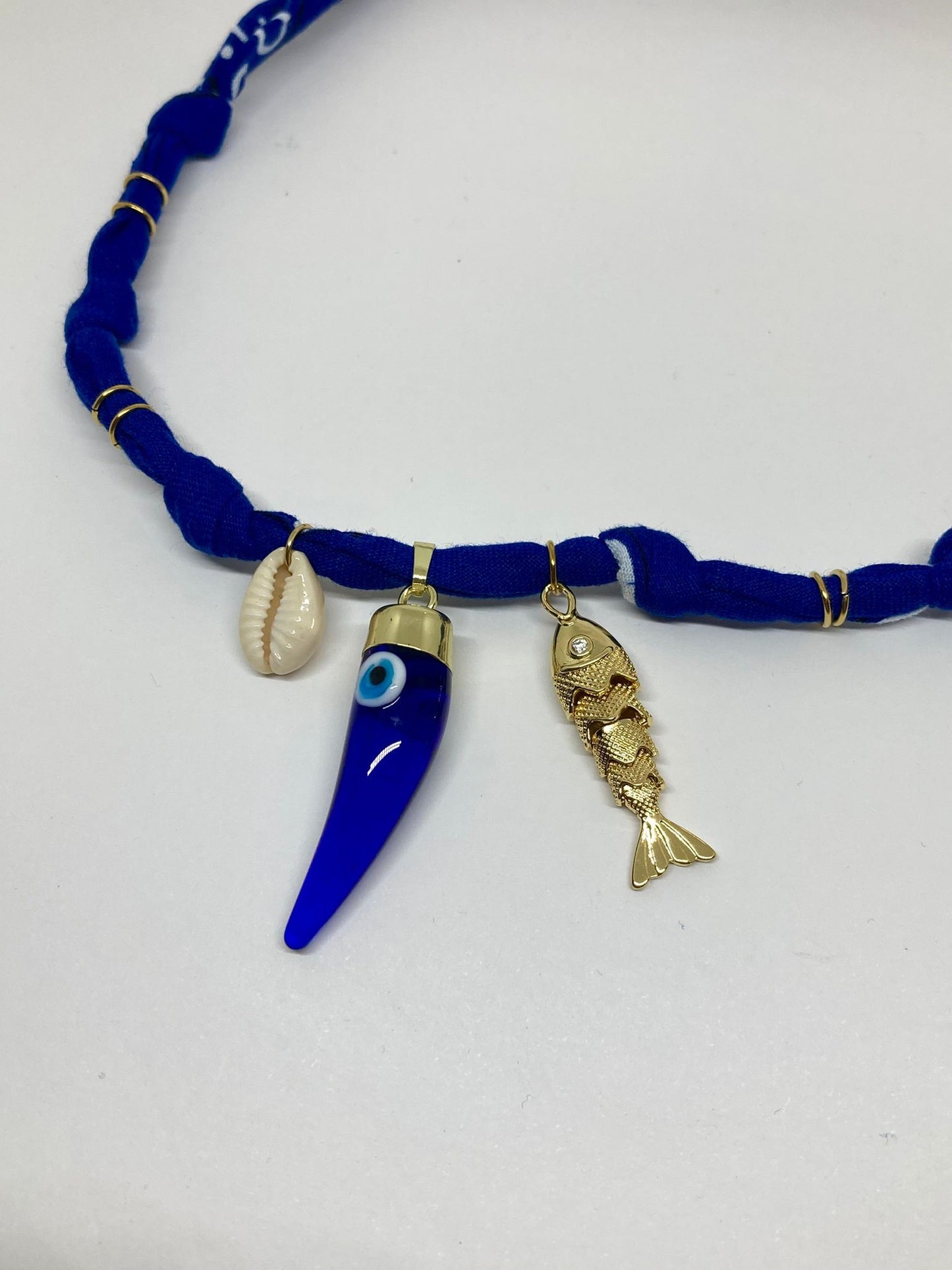 Collier/Manchette en bandana bleu marine coquillage & poisson - Badhnati
