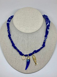 Collier/Manchette en bandana bleu marine coquillage & poisson - Badhnati