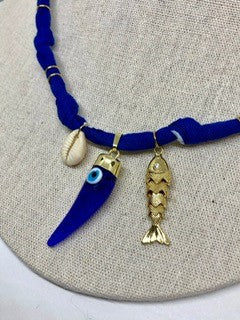 Collier/Manchette en bandana bleu marine coquillage & poisson - Badhnati