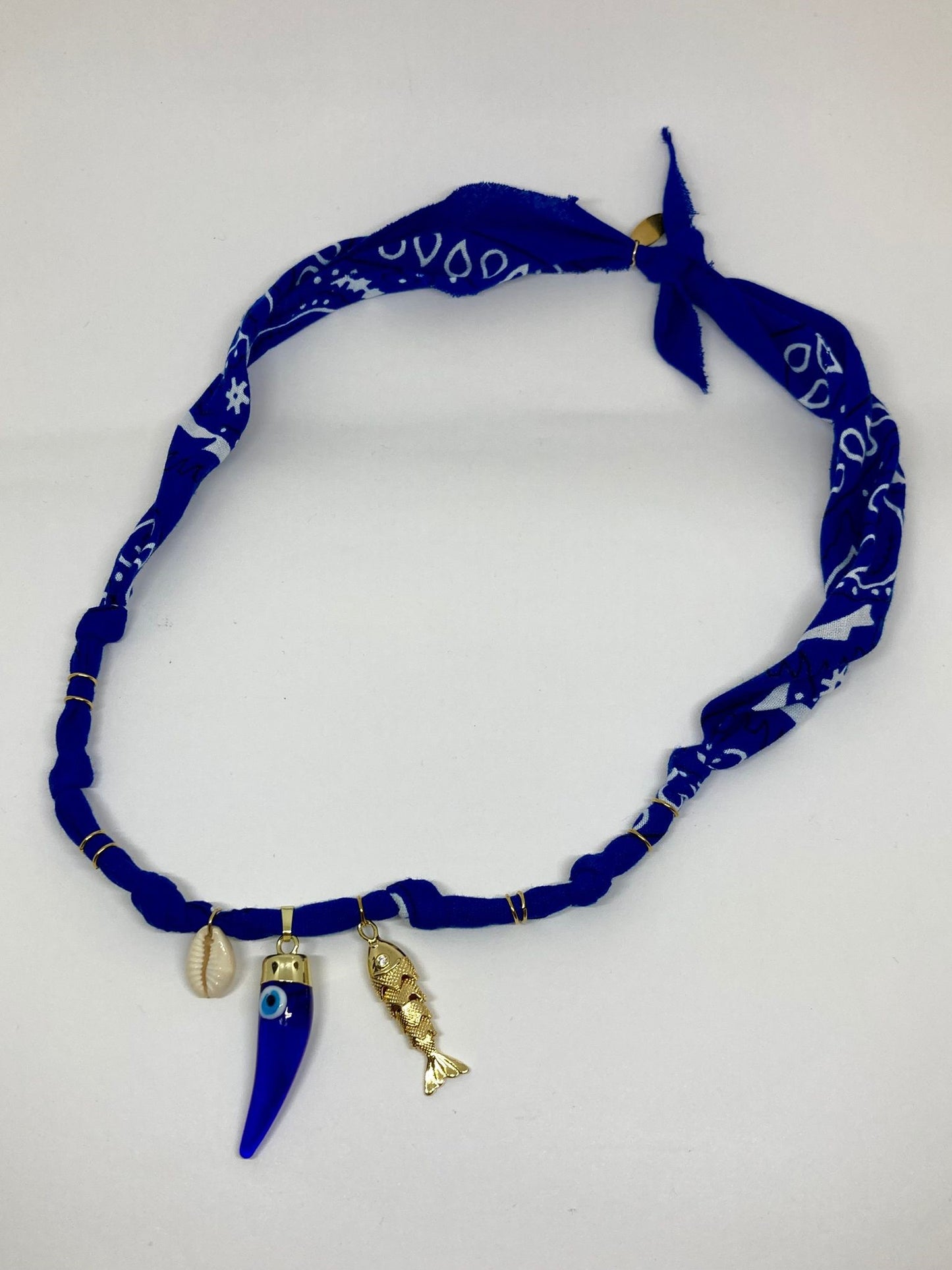 Collier/Manchette en bandana bleu marine coquillage & poisson - Badhnati