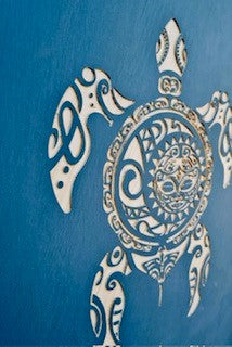 Planche de Surf Déco bleue pyrogravée tortue
